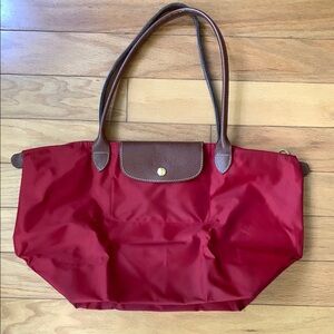 Longchamp Red Tote Bag with Brown Accents (Le Pliage)
